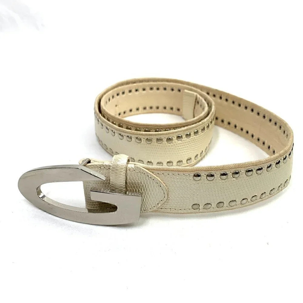 Alberto Guardiani Embellished Snakeskin Embossed Leather Belt Cream, 38